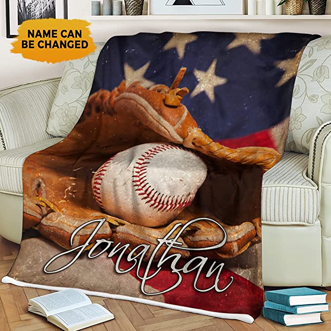 Personalized Name Sport Baseball Blanket, Baseball American Flag Blanket