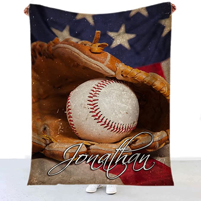 Personalized Name Sport Baseball Blanket, Baseball American Flag Blanket