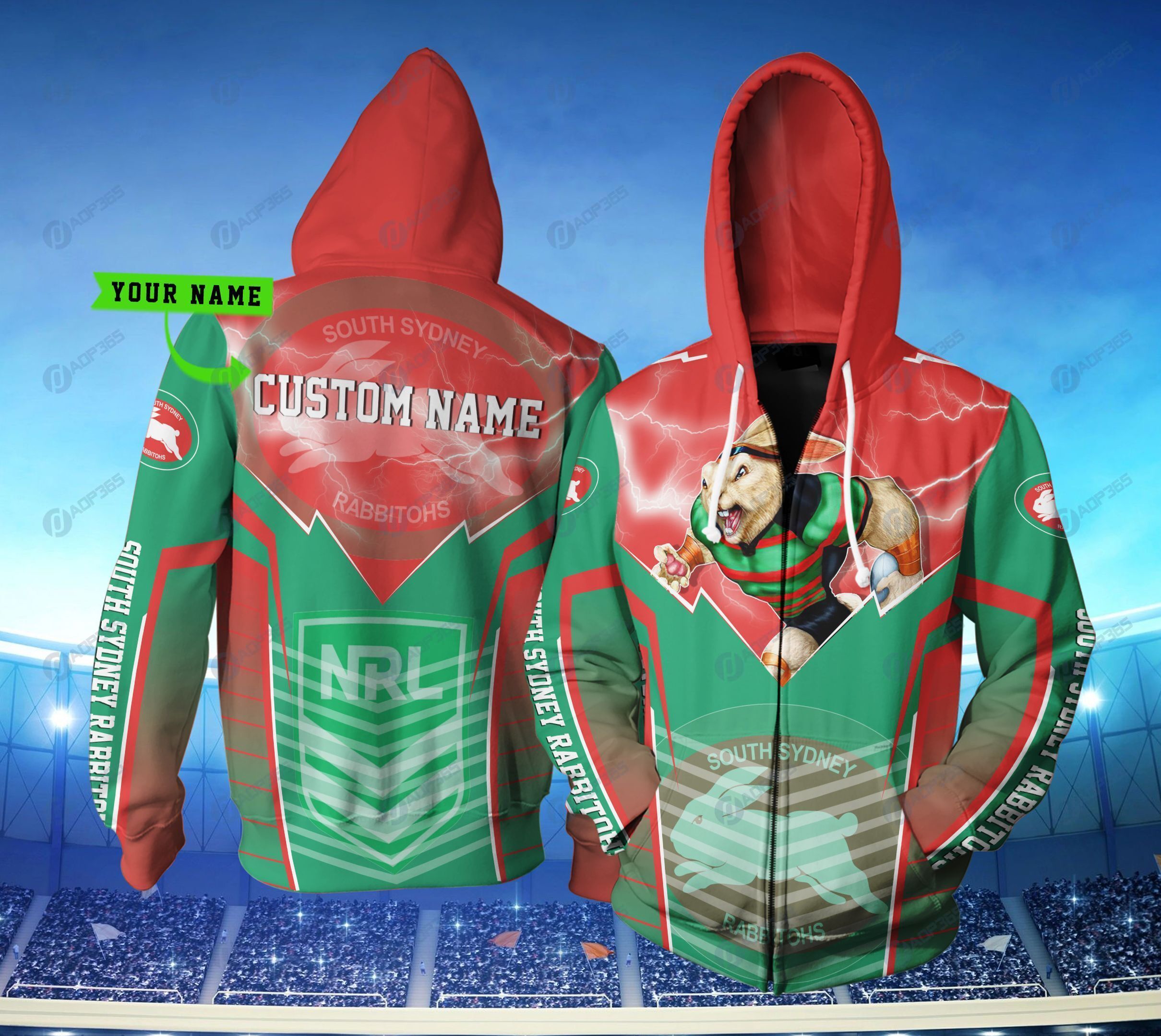 Personalized South Sydney Rabbitohs Nrl Lightning Mascot Custom 3D All Over Print Hoodie
