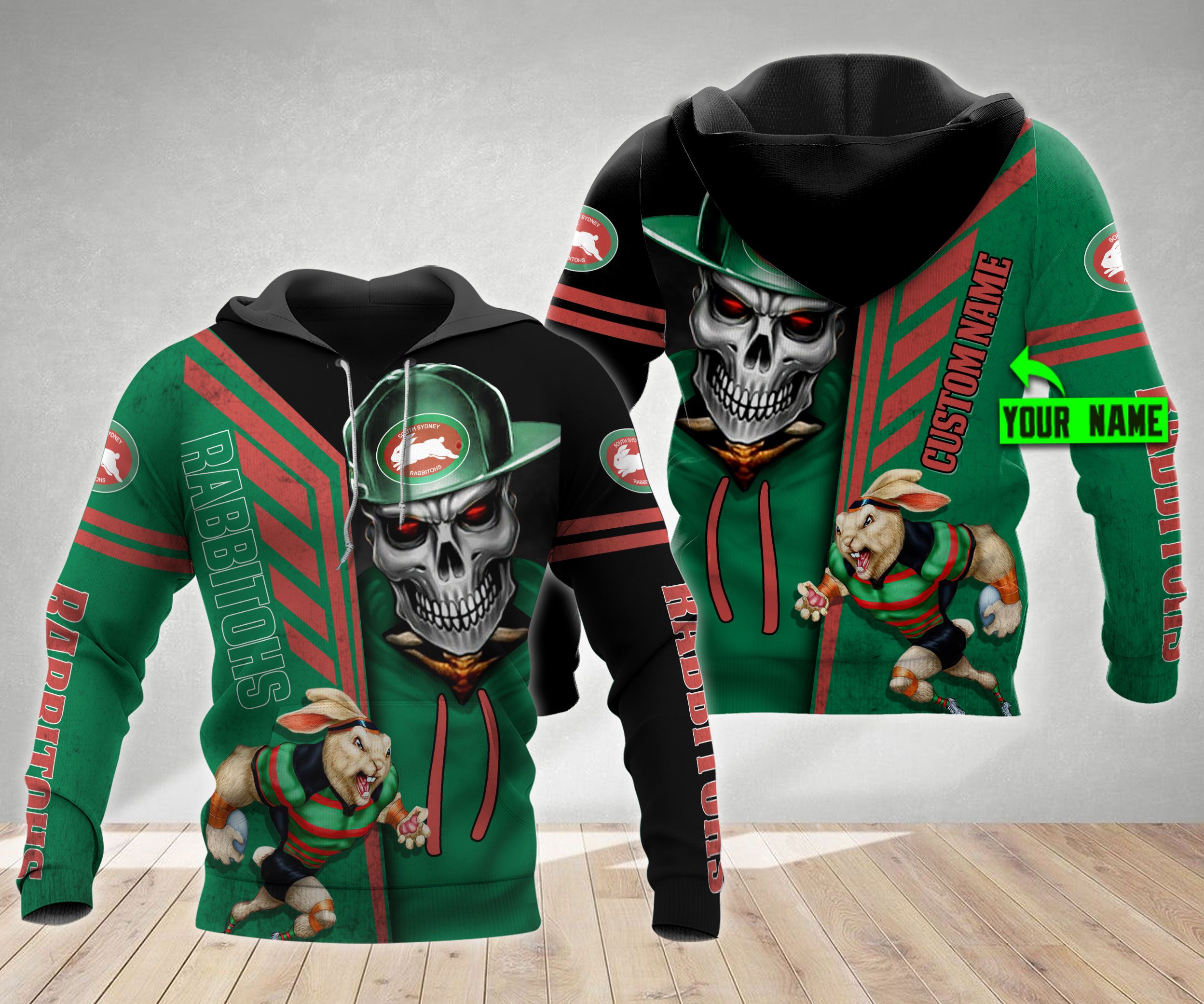 Personalized South Sydney Rabbitohs Nrl Skull Cap Custom Name 3D All Over Print Hoodie