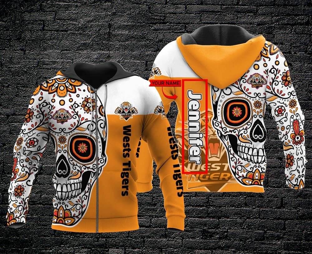 Personalized Tha116 Wests Tigers Skull22 3D Hoodie Zip Hoodie, Nrl 3D All Over Print Hoodie Zip Hoodie