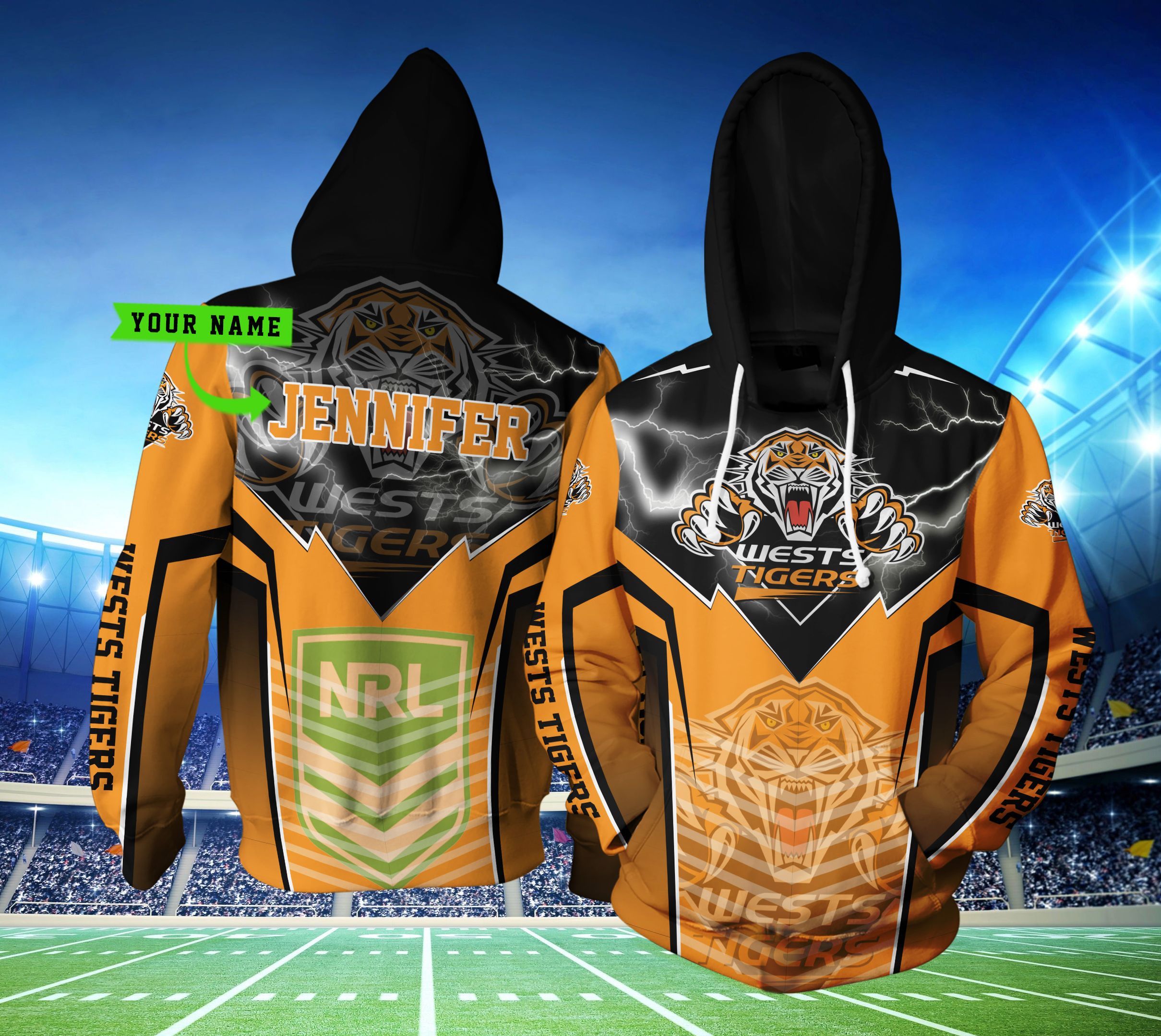 Personalized Tha244 Wests Tigers Lightning 3D Hoodie Zip Hoodie, Nrl 3D All Over Print Hoodie Zip Hoodie