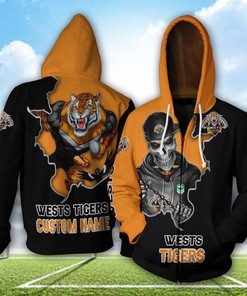Personalized Wests Tigers 3D Hoodie Nrl 3D Hoodie Mascot Skull Custom Name 3D All Over Printed Hoodie