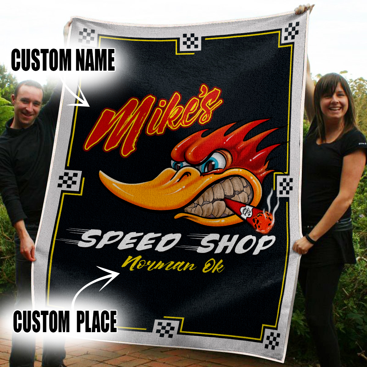 Personalized Woodpecker Garage Blanket Mr. Horsepower Hot Rod Blanket