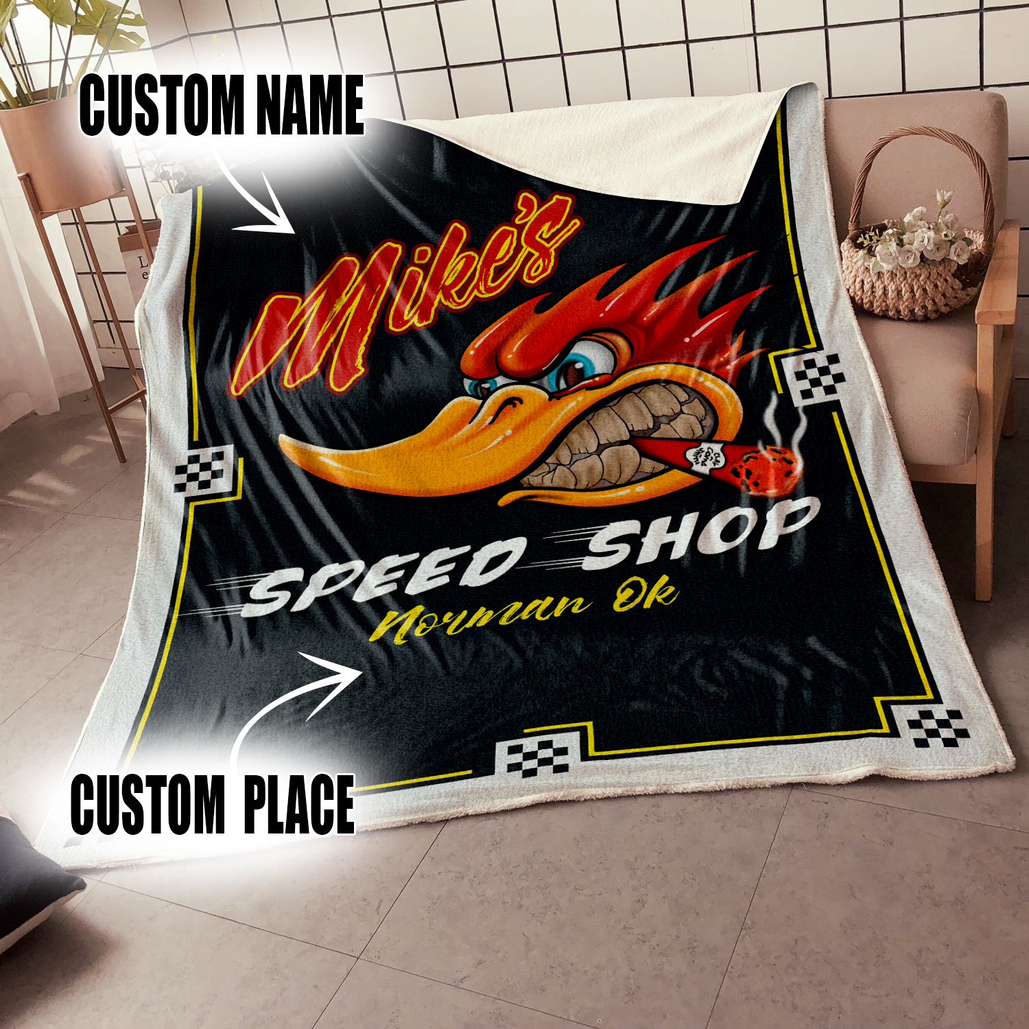 Personalized Woodpecker Garage Blanket Mr. Horsepower Hot Rod Blanket