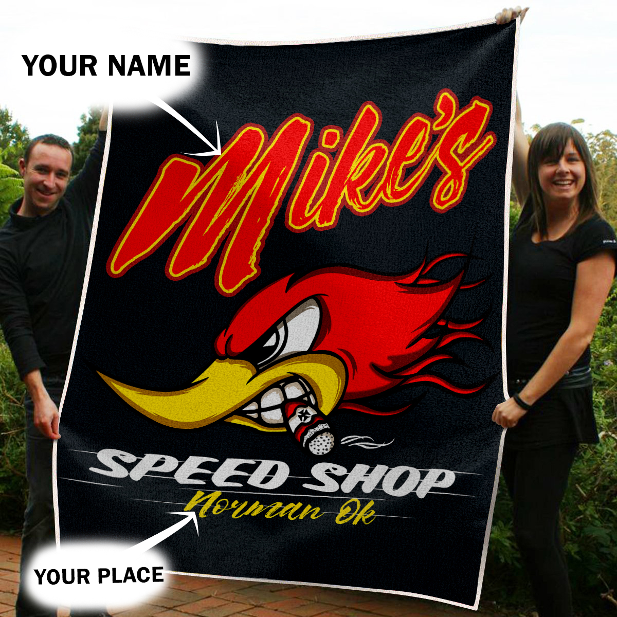 Personalized Woodpecker Speed Shop Blanket – Mr. Horsepower Hot Rod Blanket