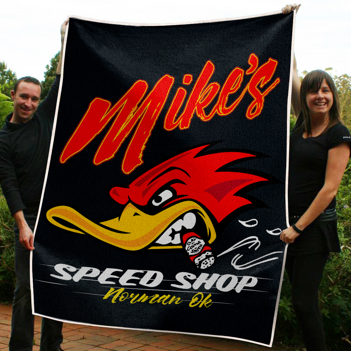 Personalized Woodpecker Speed Shop Blanket – Mr. Horsepower Hot Rod Blanket