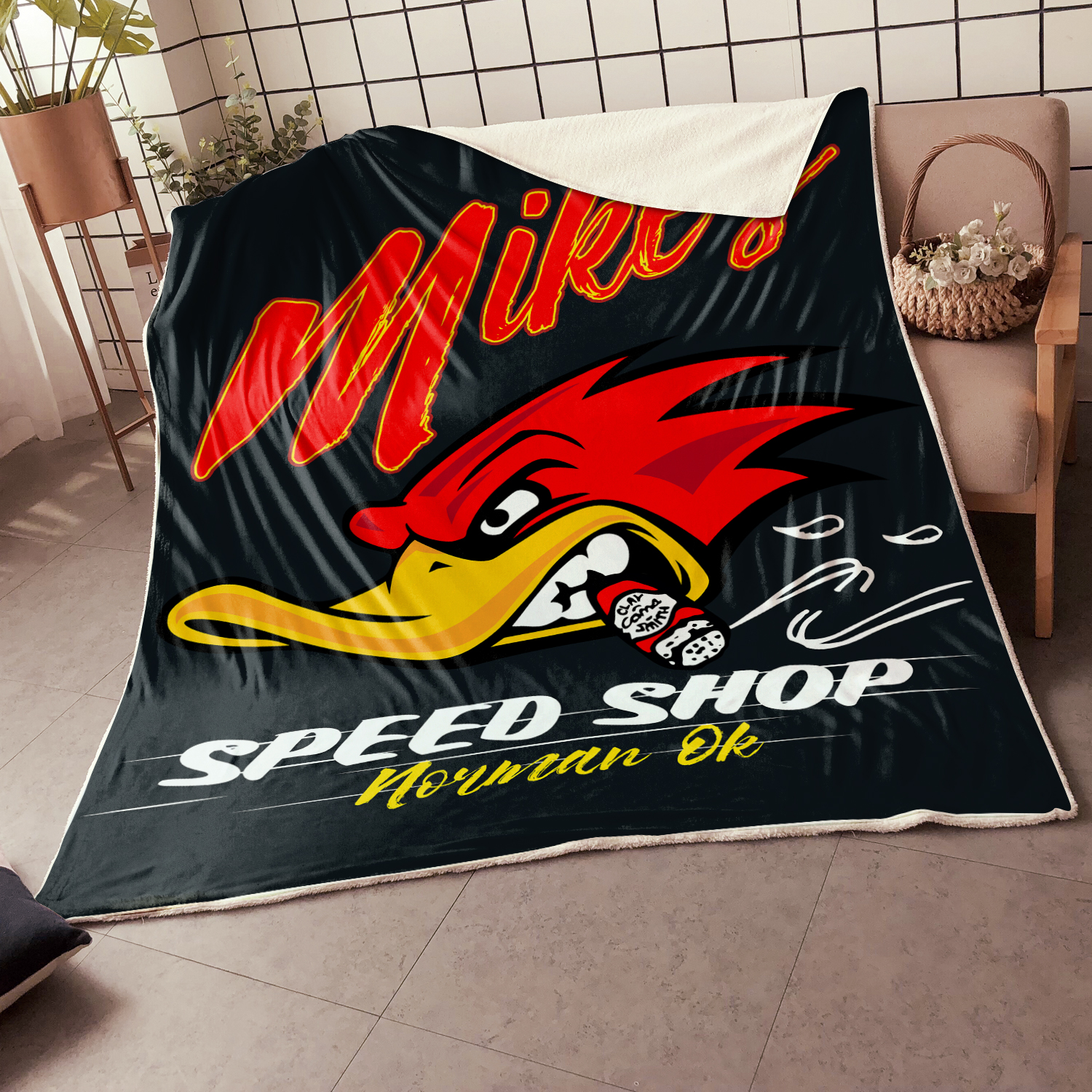 Personalized Woodpecker Speed Shop Blanket – Mr. Horsepower Hot Rod Blanket