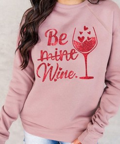 Pink Valentine's Day Be Mine Wine Crewneck Sweater, Stylish Couple Printed Sweatshirts, Loose Streetwear Casual Sweater Tops, Gift For Her