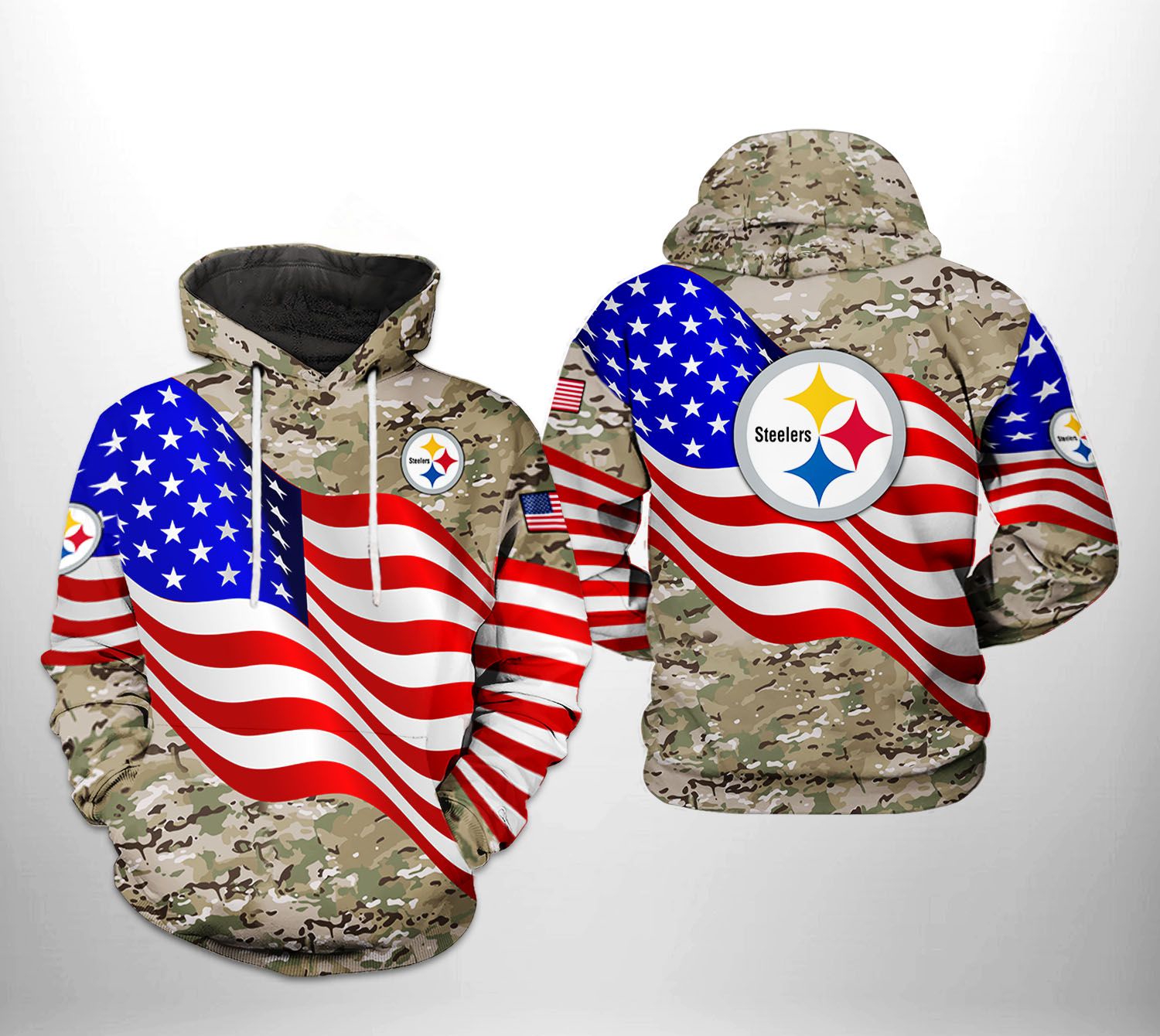 Pittsburgh Steelers Nfl Us Flag Camo Veteran Team 3D All Over Print Zip Up Hoodie Option