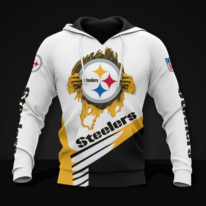 Pittsburgh Steelers White Golden Logo 3D Hoodie Zip Hoodie, Nfl 3D All Over Print Hoodie Zip Hoodie