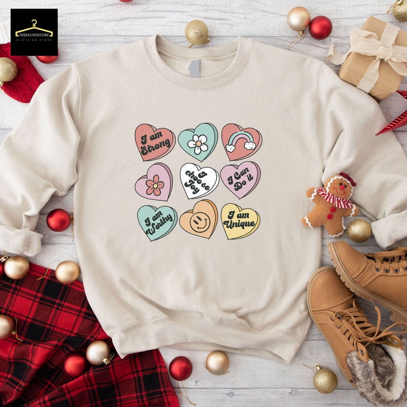 Positive Affirmations Sweatshirt, Teacher Valentine Sweatshirt, Women's Valentines Day Sweatshirt, Retro Heart Sweatshirt - Image 2