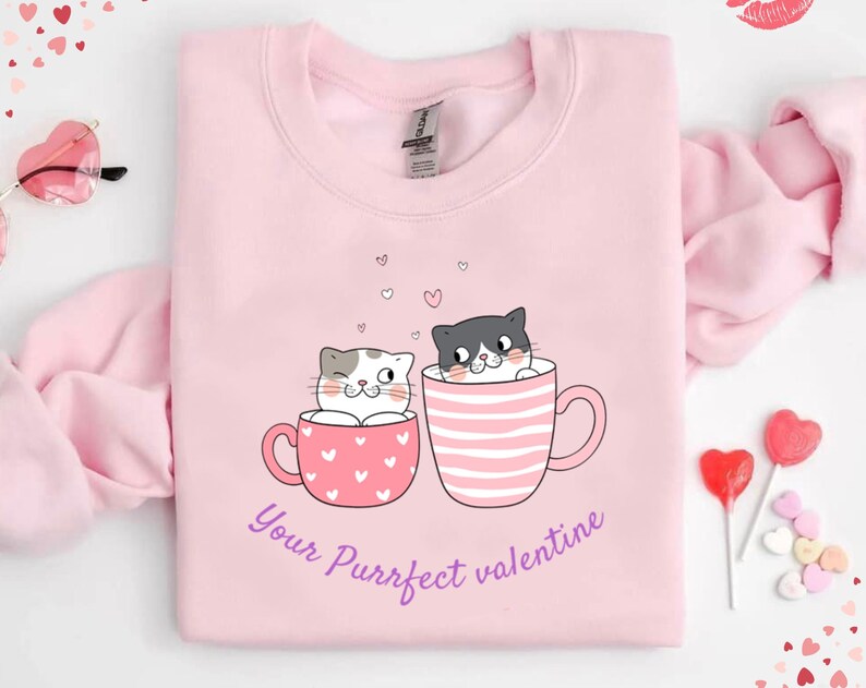 Purrfect Valentine Cat Sweatshirt, Valentine Cat Sweatshirt, Valentine woman gift, Unique Valentine Sweatshirt - Image 2