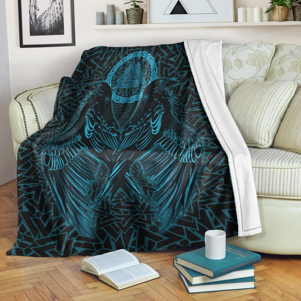Raven Valknut Cyan Viking Sherpa Fleece Blanket