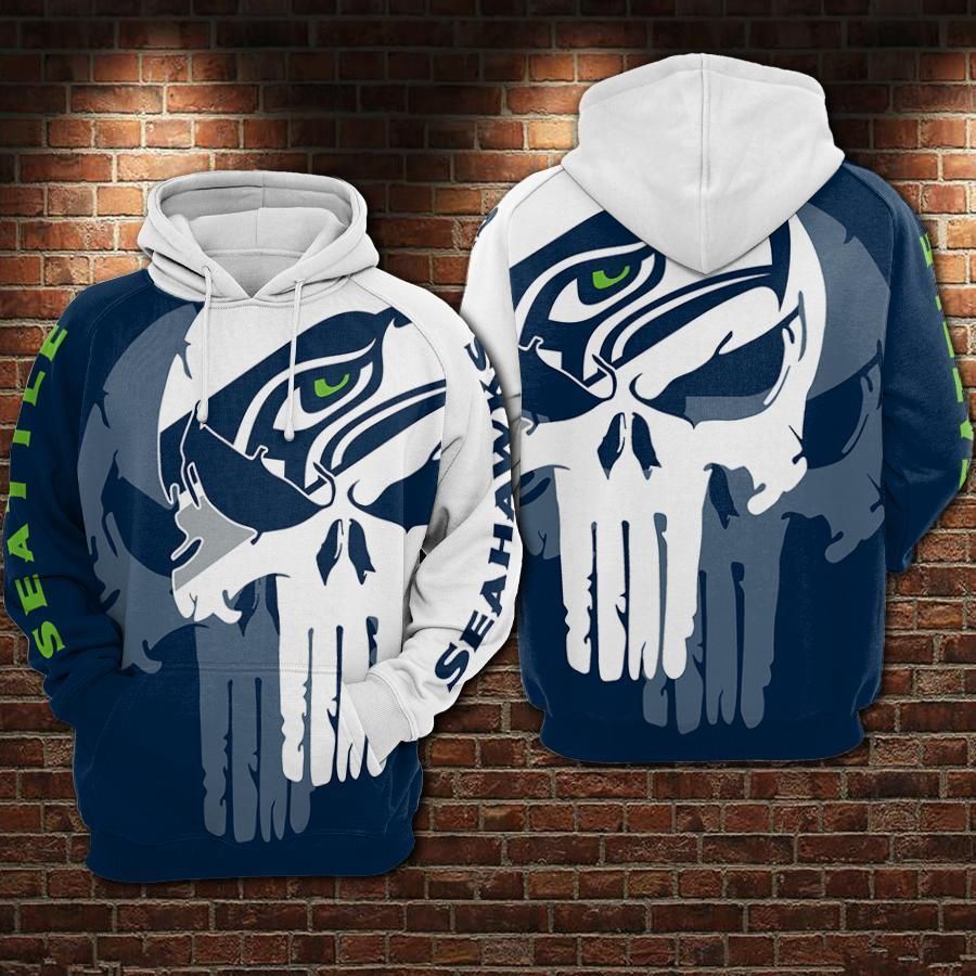 Seattle Seahawk Nfl Football Punisher Skull White Blue Men And Women 3D All Over Print Zip Up Hoodie Option