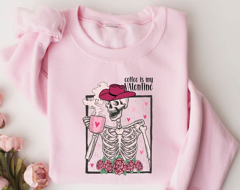 Skeleton Coffee Valentines Sweatshirt, Retro Valentine's Day Sweatshirt, Retro Valentine's Skeleton Shirt, Coffee Lovers Shirt, Couple Shirt - Image 2
