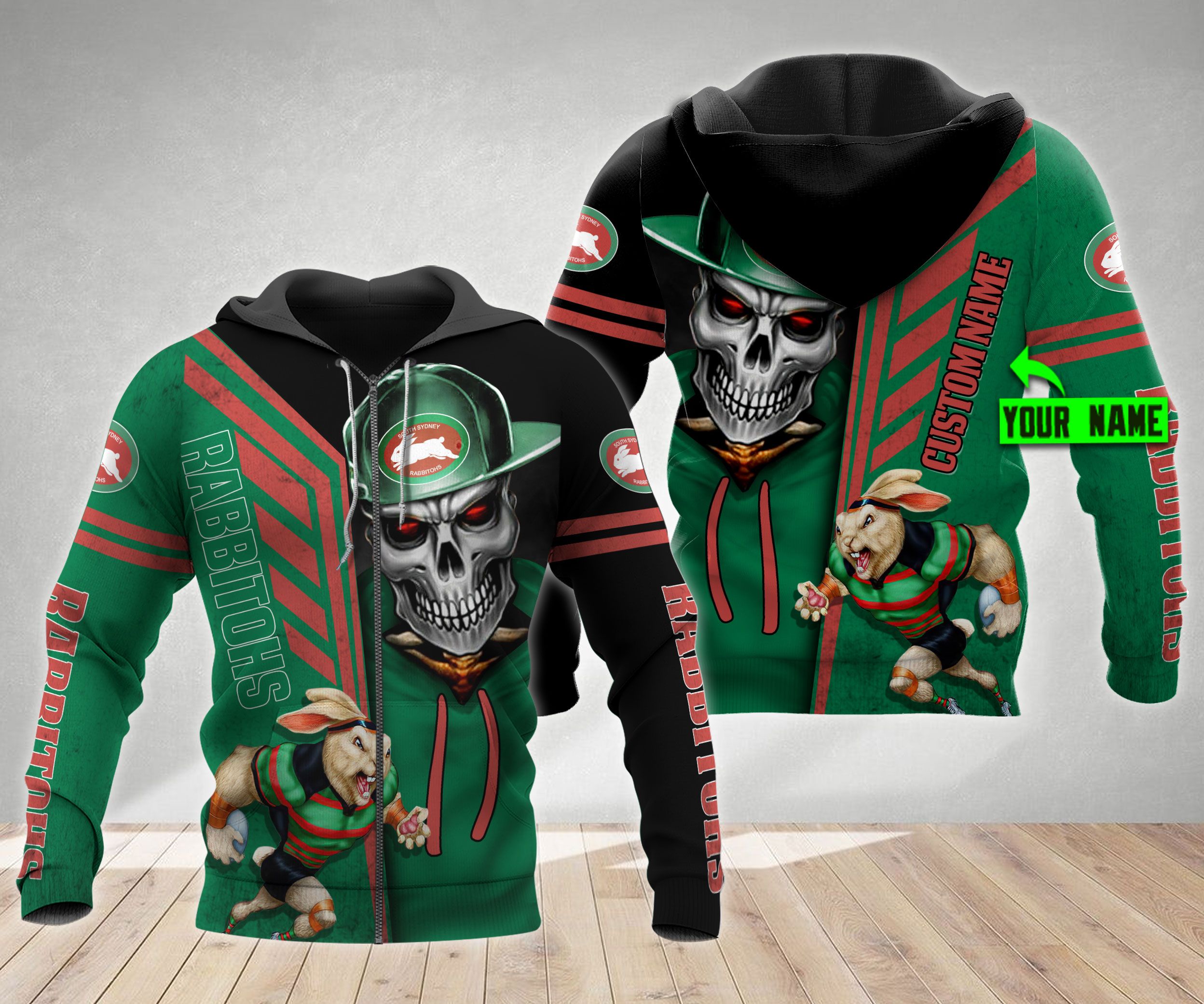 South Sydney Rabbitohs Nrl Skull Cap Custom Name 3D All Over Print Hoodie
