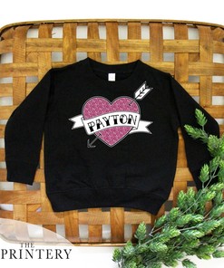 Sparkle Heart Personalized Tattoo Crewneck Sweatshirt, Girls Custom Valentine’s Day Outfit, Heart with Arrow and Name Banner Noodie