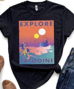 Star Wars Explore Tatooine Faded Retro C-3PO and R2-D2 Poster Shirt, Magic Kingdom Unisex T-shirt Family Birthday Gift Adult Kid Toddler Tee
