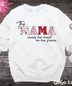 This Mama Wears Her Heart on Her Sleeve Sweatshirt, Cozy Valentine Sweatshirt for Mom, Cute Heart Crewneck Pullover, Mama Heart Sweatshirt