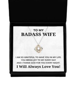 To My Badass Wife Love Knot Rose Gold Necklace, I Am So Grateful To Have You In My Life, Best Birthday Gifts, Engagement Gifts, Wedding Gifts, Valentines Day Gifts I Will Always Love You