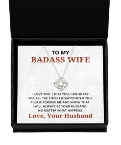 To My Badass Wife Love Knot Silver Necklace, I am sorry for all the times I disappointed you, Best Birthday Gifts, Engagement Gifts, Wedding Gifts, Valentines Day Gifts From Your Husband