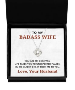 To My Badass Wife Love Knot Silver Necklace, You Are My Compass, Best Birthday Gifts, Engagement Gifts, Wedding Gifts, Valentines Day Gifts From Your Husband