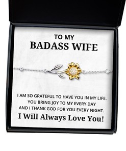 To My Badass Wife Sunflower Bracelet - I Am So Grateful To Have You In My Life - Birthday, Engagement, Wedding, Valentines Day Gifts I Will Always Love You