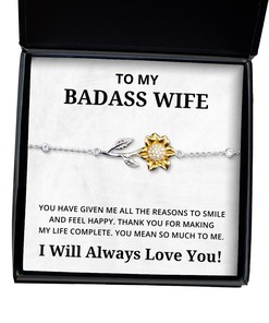 To My Badass Wife Sunflower Bracelet - You Have Given Me All The Reason To Smile - Birthday, Engagement, Wedding, Valentines Day Gifts I Will Always Love You