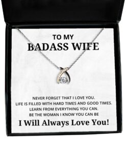 To My Badass Wife Wishbone Dancing Necklace - Never Forget That I Love You Life Is Filled With Hard Times And Good Times - Birthday, Engagement, Wedding, Valentines Day Gifts I Will Always Love You