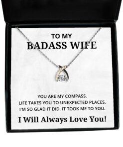 To My Badass Wife Wishbone Dancing Necklace - You Are My Compass - Birthday, Engagement, Wedding, Valentines Day Gifts I Will Always Love You