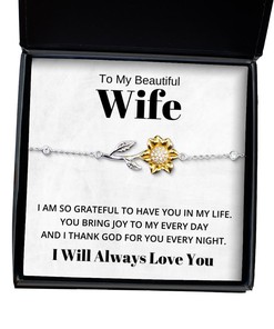 To My Beautiful Wife Sunflower Bracelet - I Am So Grateful To Have You In My Life - Birthday, Engagement, Wedding, Valentines Day Gifts I Will Always Love You