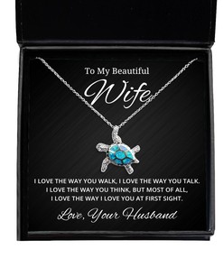 To My Beautiful Wife Turtle Necklace I Love The Way You Walk - Birthday, Engagement, Wedding, Valentines Day Gifts From Your Husband