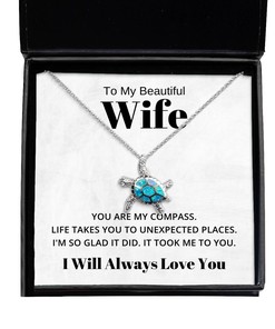 To My Beautiful Wife Turtle Necklace You Are My Compass - Birthday, Engagement, Wedding, Valentines Day Gifts I Will Always Love You