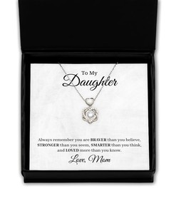 To My Daughter Heart Knot Silver Necklace - Always Remember You Are Braver Than You Believe, Best Birthday Gifts, Inspirational Gifts, Message Card Jewelry From Mom