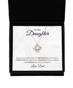 To My Daughter Love Knot Rose Gold Necklace, Always Remember You Are Braver Than You Believe, Best Birthday Gifts, Inspirational Gifts, Message Card Jewelry From Dad