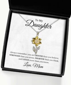To My Daughter Sunflower Necklace, Always Remember You Are Braver Than You Believe Birthday Gifts, Inspirational Gifts, Message Card Jewelry From Mom