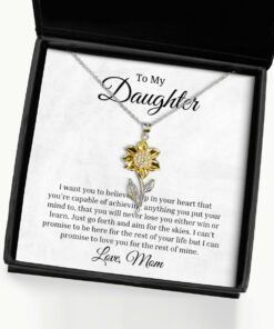 To My Daughter Sunflower Necklace, I Want You To Believe Deep In Your Heart Birthday Gifts, Inspirational Gifts, Message Card Jewelry From Mom