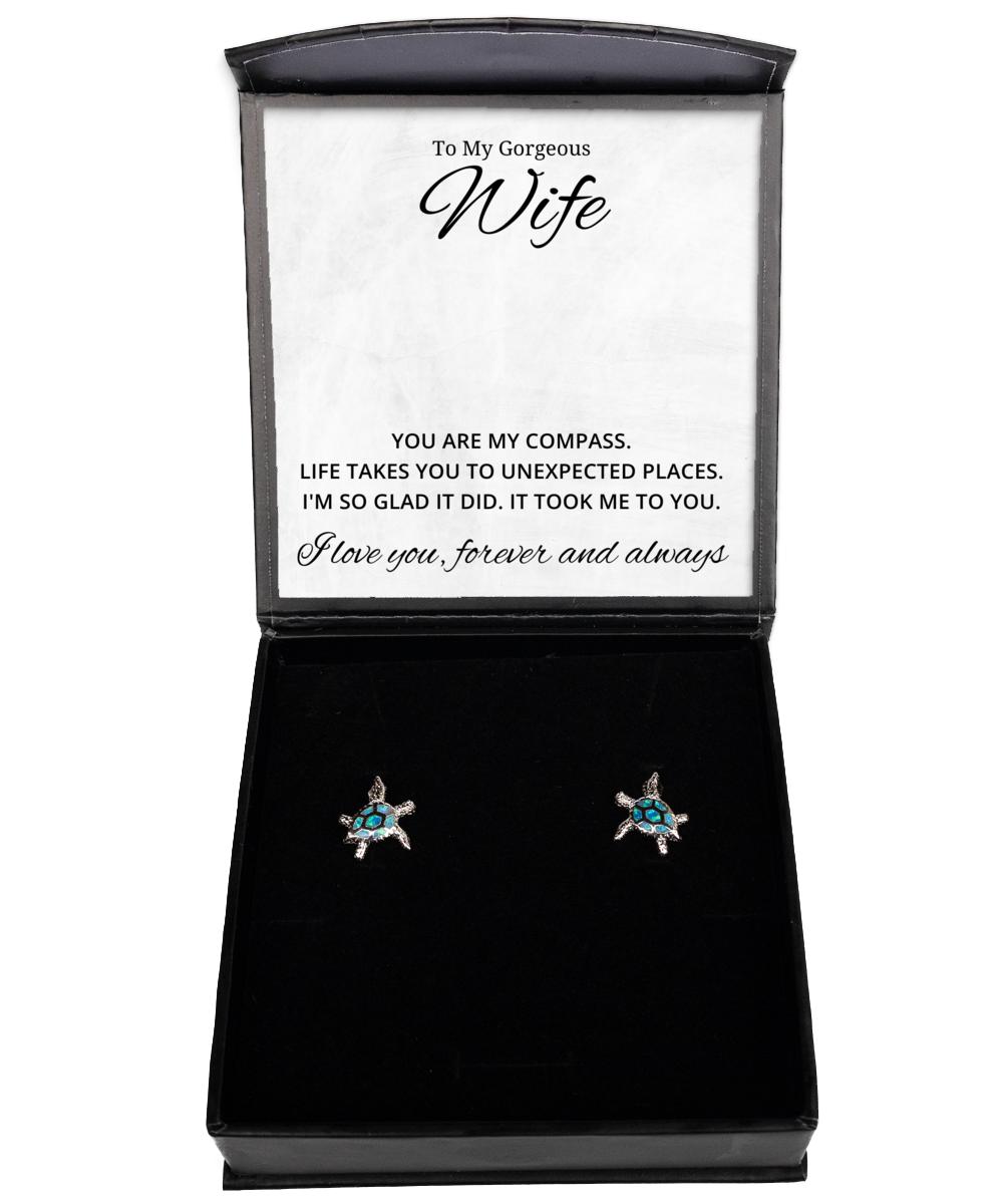 To My Gorgeous Wife Turtle Earrings, You Are My Compass - Birthday, Engagement, Wedding, Valentines Day Gifts For Wife