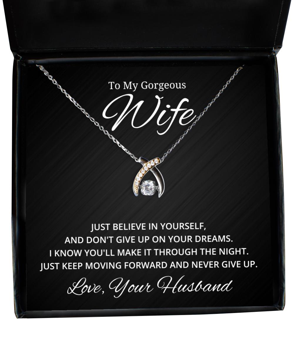 To My Gorgeous Wife Wishbone Dancing Necklace, Best Birthday Gifts, Wedding Gifts, Valentines Day Gifts From Your Badass Wife
