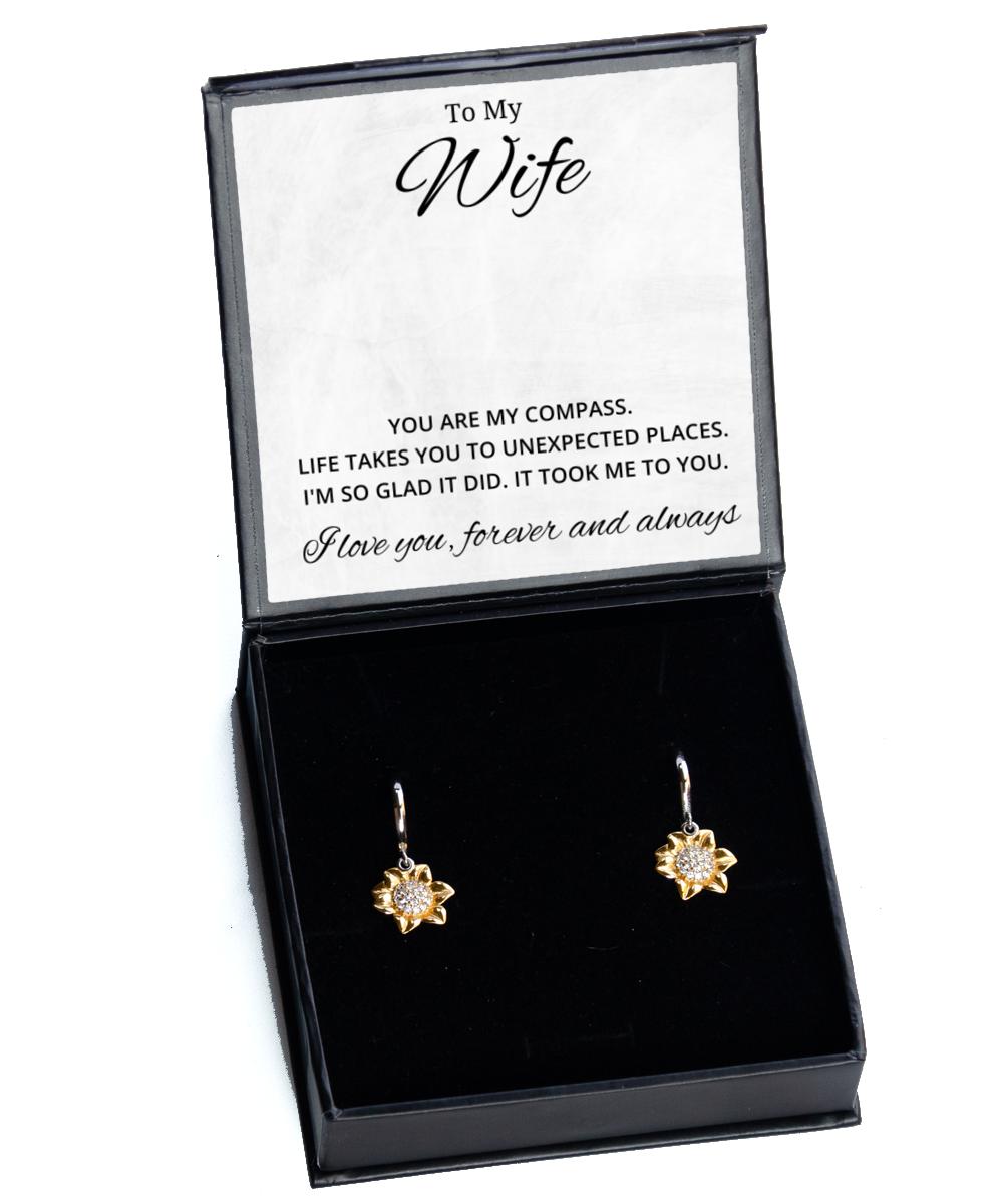 To My Wife Sunflower Earrings - You Are My Compass - Birthday, Engagement, Wedding, Valentines Day Gifts For Wife From Husband