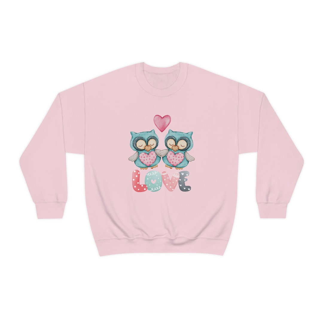 Unisex Crewneck Sweatshirt with Owl, Fleece Pullover Valentine Gift for Woman, Pink Bird Sweater for First Aanniversary,