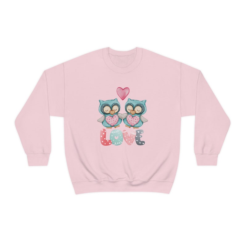 Unisex Crewneck Sweatshirt with Owl, Fleece Pullover Valentine Gift for Woman, Pink Bird Sweater for First Aanniversary, - Image 2
