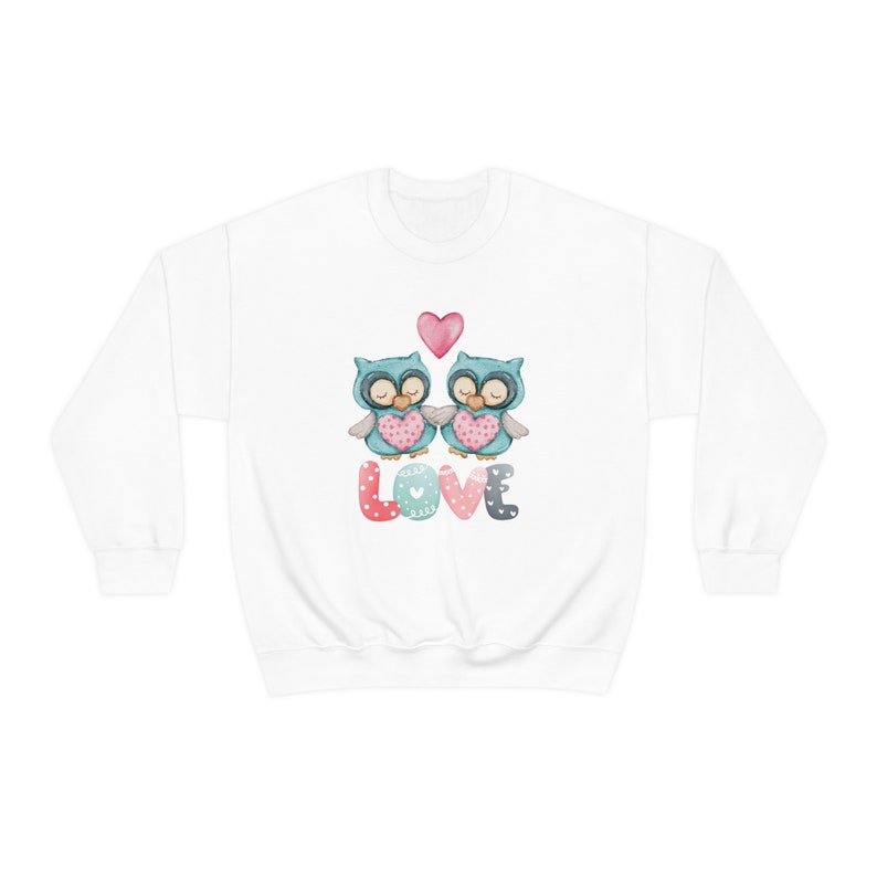 Unisex Crewneck Sweatshirt with Owl, Fleece Pullover Valentine Gift for Woman, Pink Bird Sweater for First Aanniversary, - Image 3