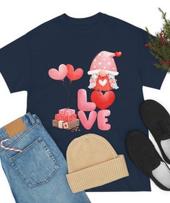 Unisex Tee Heavy Cotton Valentine's Day T-Shirt with Gnomes and LOVE