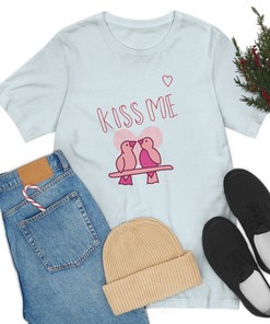 Unisex Tee Jersey Short Sleeve Valentine's Day Shirt with Birds Kiss Me