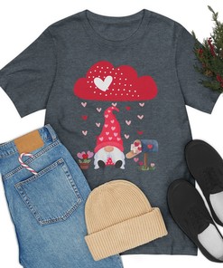 Unisex Tee Jersey Short Sleeve Valentine's Day Shirt with Gnome and Raining Hearts