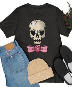 Unisex Tee for Valentine's Day Skull and Heart Bowtie Funny Tee