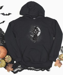 Unisex Witch Cat Horror Valentine Hoodie - Black Cat Creepy Gift