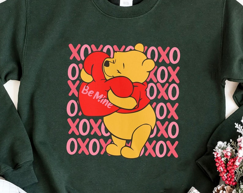 Valentine Disney Winnie The Pooh Sweatshirt Pooh Bear XOXO With Love Heart Valentine Shirt Valentine's Day Tee Disney Couple Shirt Gift - Image 2